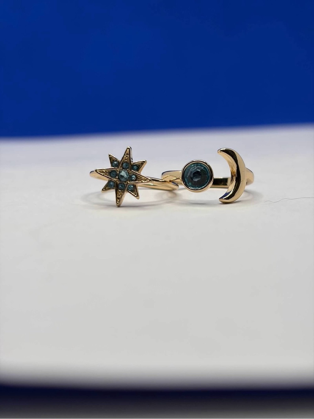 Size 5 Gold Tone Celestial Moon Star Blue Crystal Ring Set